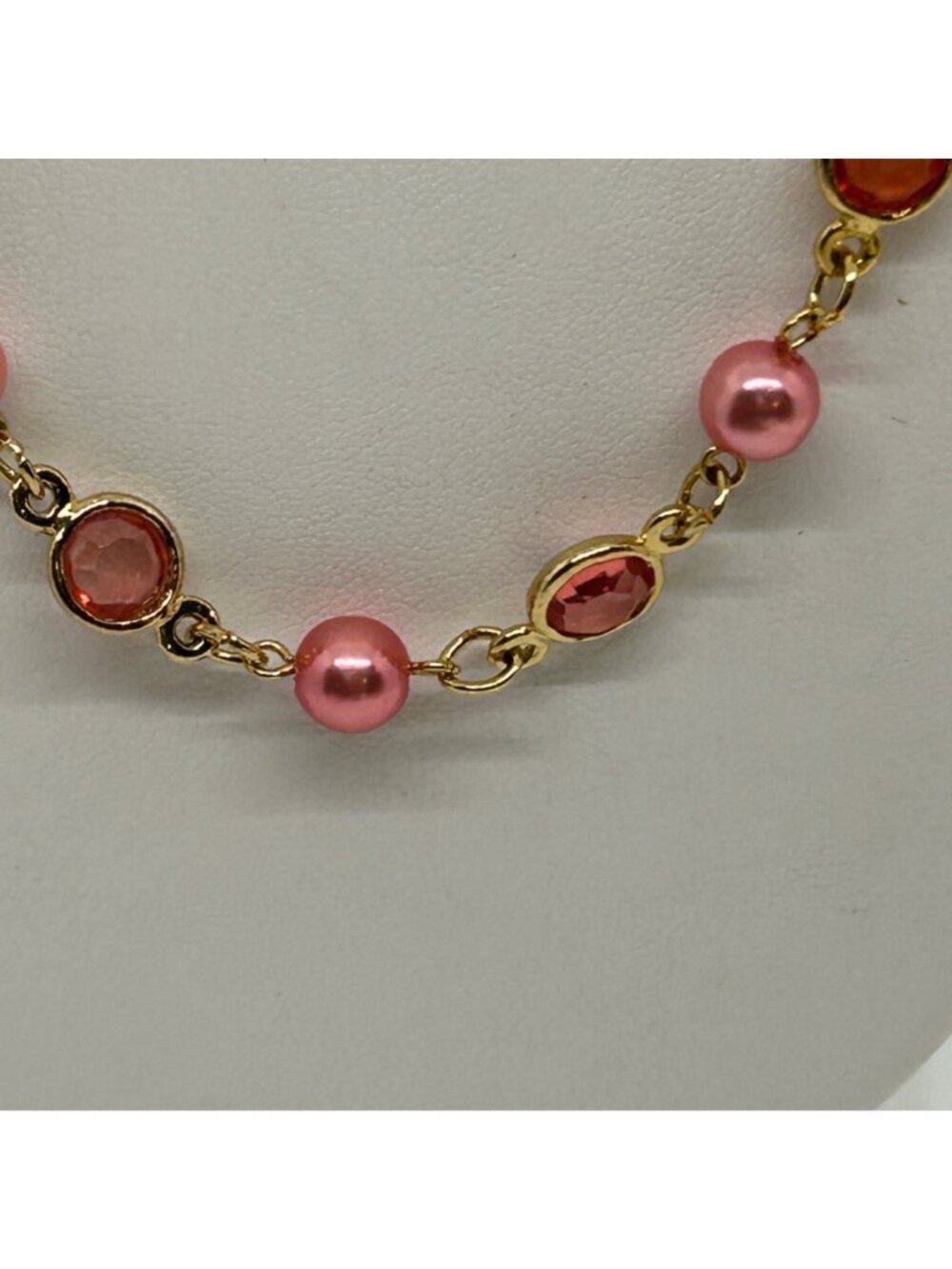Vintage Two Sisters Signed Pink Faux Pearl Bezel Gold Tone Station Long Necklace - Picture 8 of 12